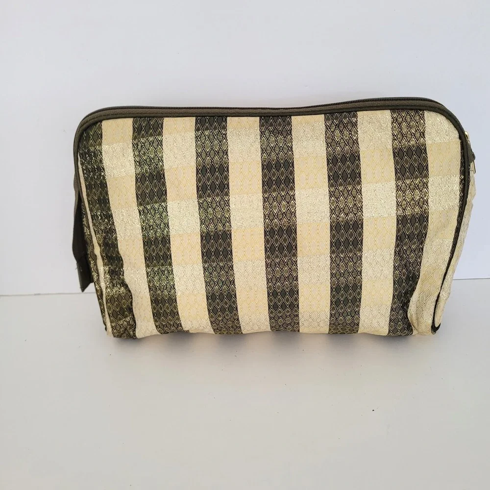 Christian Dior Vintage Cosmetic Bag Striped Brocade Gold Green Bow Logo‎ Pouch